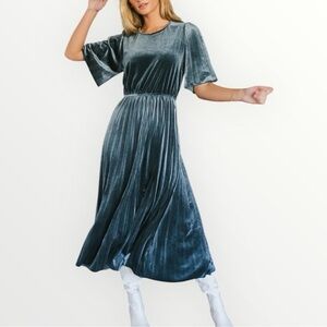 Bohme Velvet Maxi Dress Pleated Teal Elastic waist